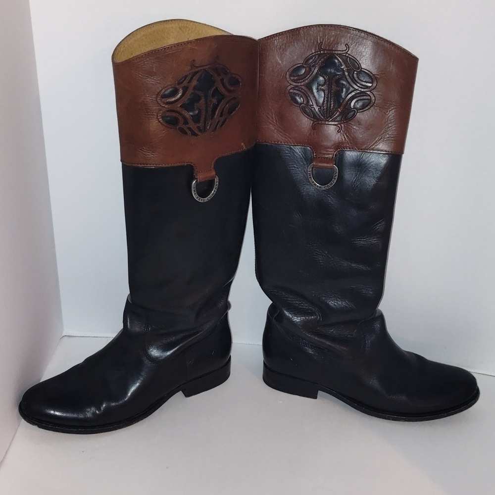 Frye Melissa Logo Monogrammed tall Black Brown Leather Knee High Boots size 7 B